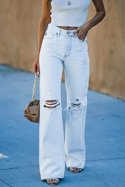 Effortless Light Blue Distressed Jeans for Women with High Waisted Wide Leg Ripped Relaxed Style
