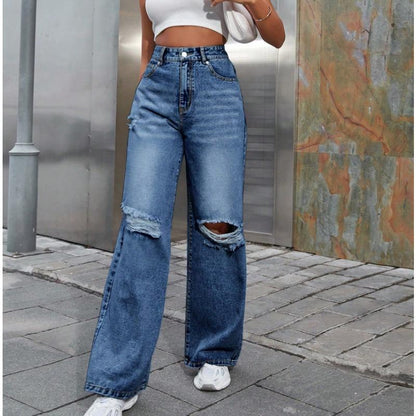Effortless Distressed Wide Leg Jeans for Women with High Waist Ripped Knee Relaxed Casual Style