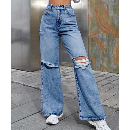 Effortless Distressed Wide Leg Jeans for Women with High Waist Ripped Knee Relaxed Casual Style