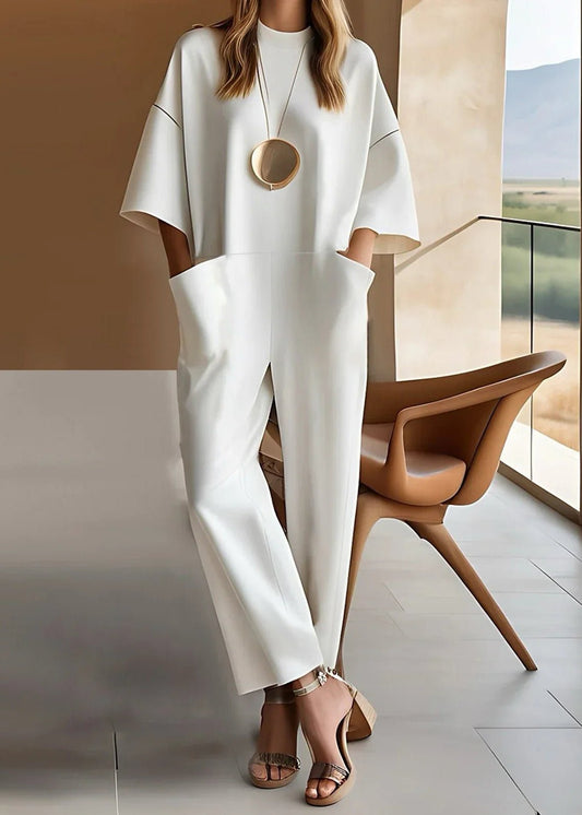 Effortless Wide Leg Jumpsuit for Women with Short Sleeve Crew Neck Design