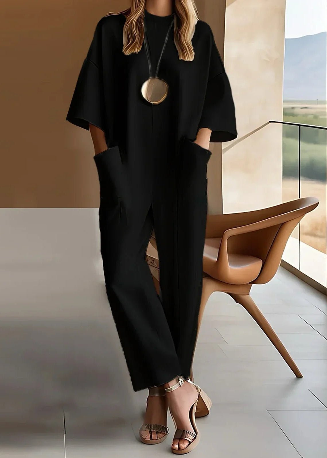 Effortless Wide Leg Jumpsuit for Women with Short Sleeve Crew Neck Design