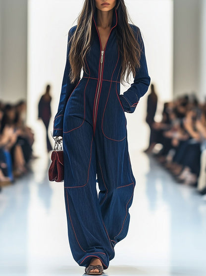 Effortless Dark Blue Wide Leg Jumpsuit for Women with Long Sleeve Zip Front