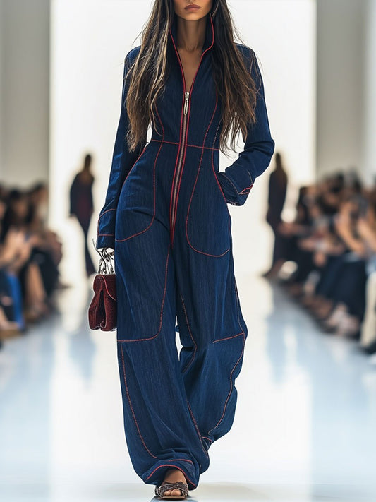 Effortless Dark Blue Wide Leg Jumpsuit for Women with Long Sleeve Zip Front