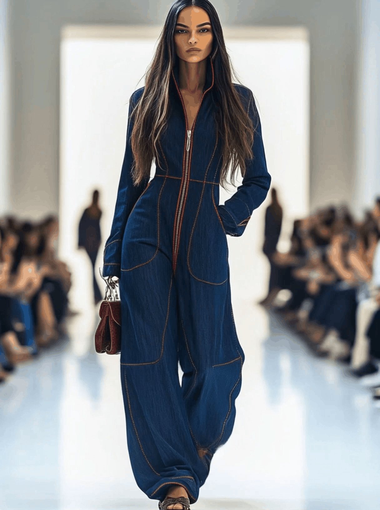 Effortless Dark Blue Wide Leg Jumpsuit for Women with Long Sleeve Zip Front
