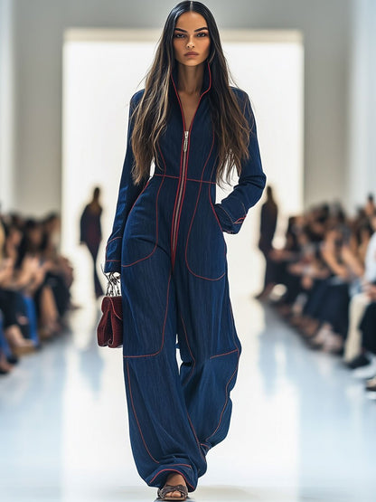 Effortless Dark Blue Wide Leg Jumpsuit for Women with Long Sleeve Zip Front