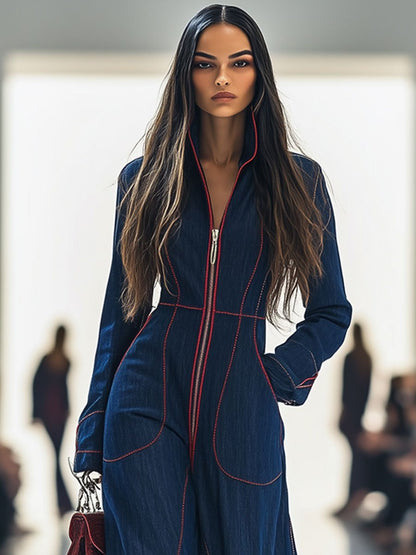 Effortless Dark Blue Wide Leg Jumpsuit for Women with Long Sleeve Zip Front