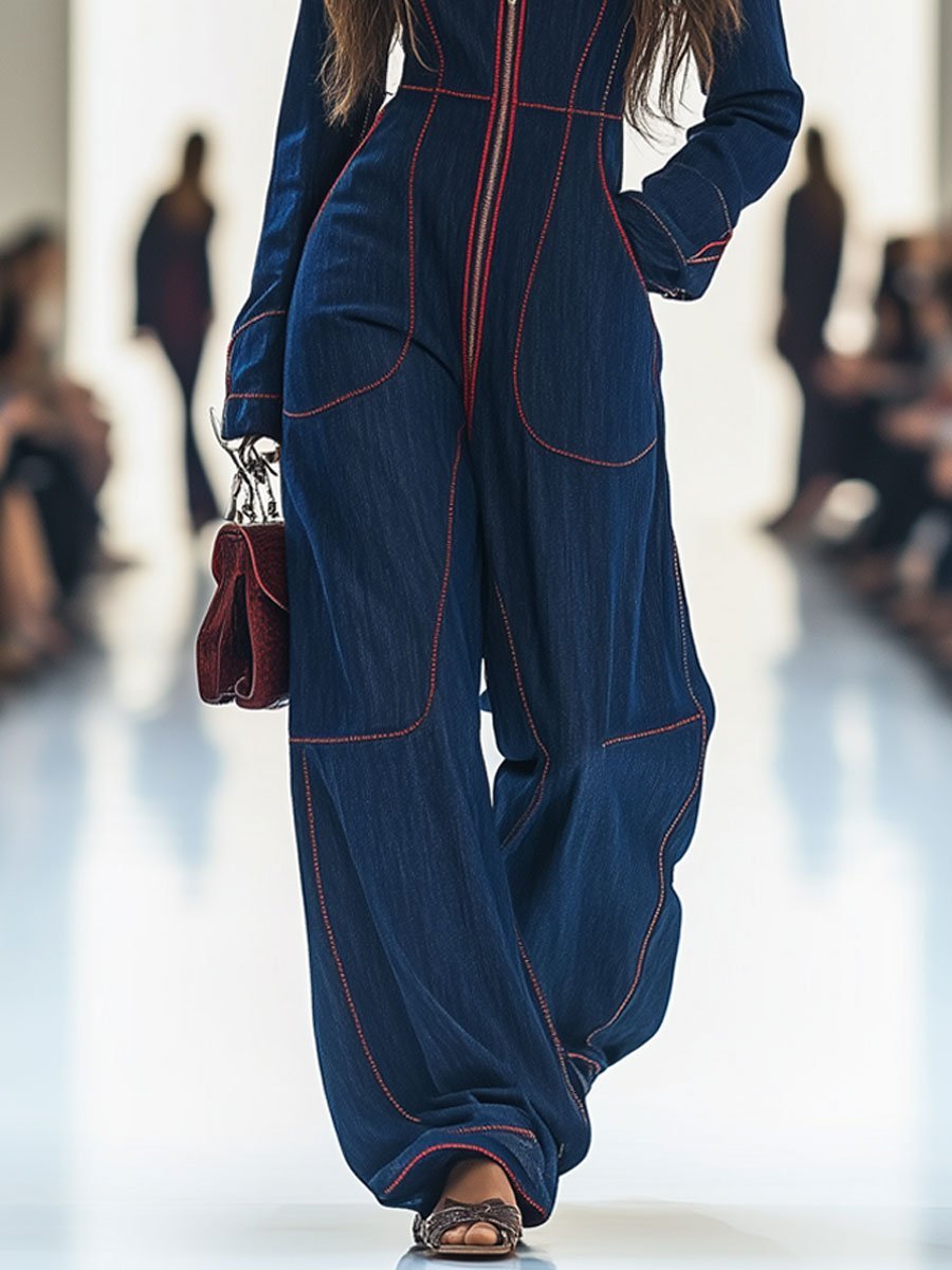 Effortless Dark Blue Wide Leg Jumpsuit for Women with Long Sleeve Zip Front
