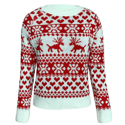 Comfortable Fair Isle Women's Xmas Sweater with Crew Neck Long Sleeve Reindeer Snowflake Knit Style