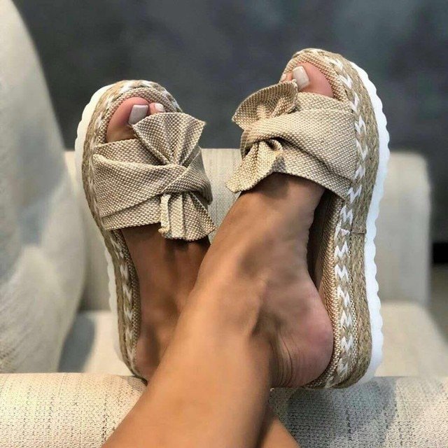 Comfortable Platform Sandals for Women with Bow Strap Slip On Open Toe Style