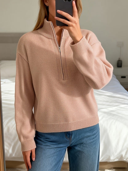 Comfortable Pink Knit Sweatshirt for Women with Mock Neck Long Sleeve Quarter Zip Ribbed Oversized Style
