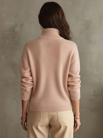 Comfortable Pink Knit Sweatshirt for Women with Mock Neck Long Sleeve Quarter Zip Ribbed Oversized Style