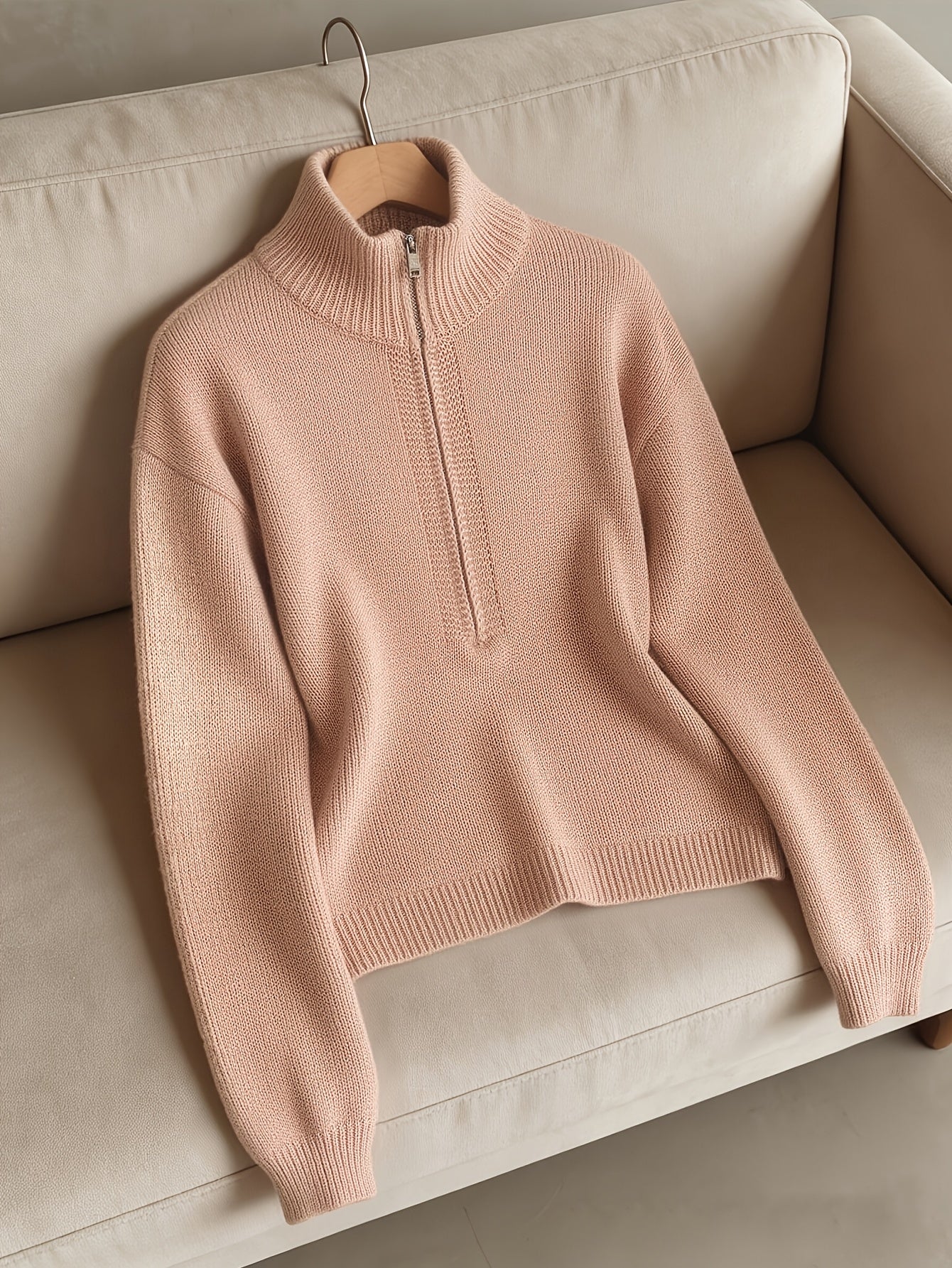 Comfortable Pink Knit Sweatshirt for Women with Mock Neck Long Sleeve Quarter Zip Ribbed Oversized Style