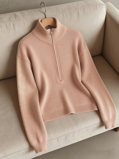 Comfortable Pink Knit Sweatshirt for Women with Mock Neck Long Sleeve Quarter Zip Ribbed Oversized Style