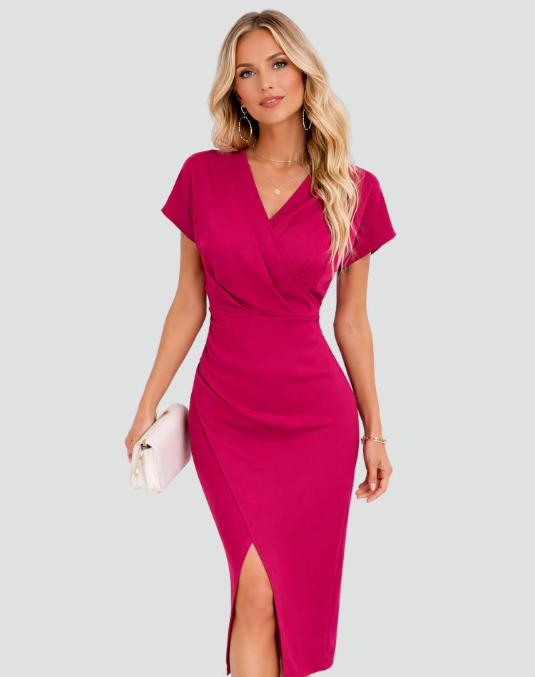 Elegant Wrap Cocktail Dress for Women with V Neck Cap Sleeve Ruched Slit Bodycon Style