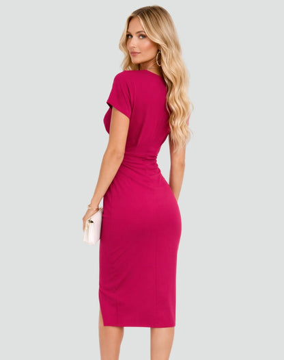 Elegant Wrap Cocktail Dress for Women with V Neck Cap Sleeve Ruched Slit Bodycon Style
