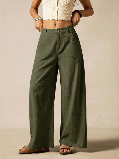Effortless Linen Wide Leg Trousers for Women with High Waist Button Front Relaxed Casual Style