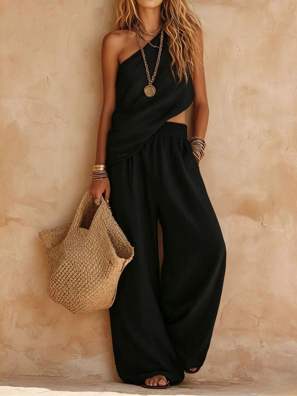 Effortless One Shoulder Jumpsuit for Women with Draped Wide Leg Flowing Style