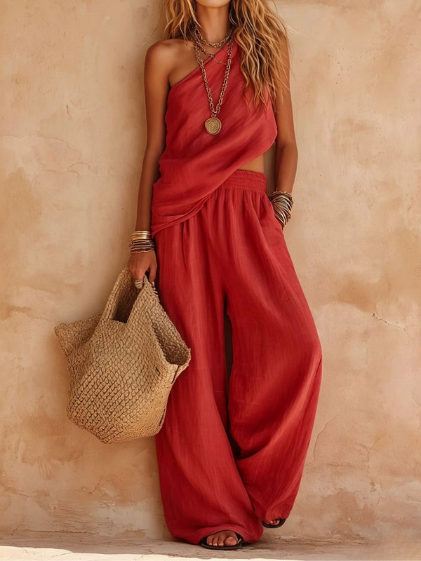 Effortless One Shoulder Jumpsuit for Women with Draped Wide Leg Flowing Style