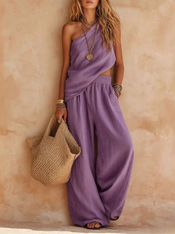Effortless One Shoulder Jumpsuit for Women with Draped Wide Leg Flowing Style