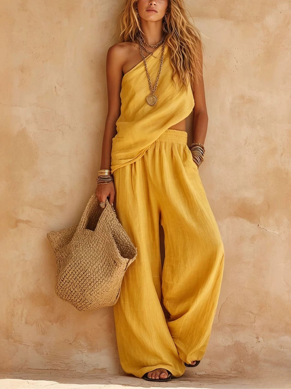 Effortless One Shoulder Jumpsuit for Women with Draped Wide Leg Flowing Style