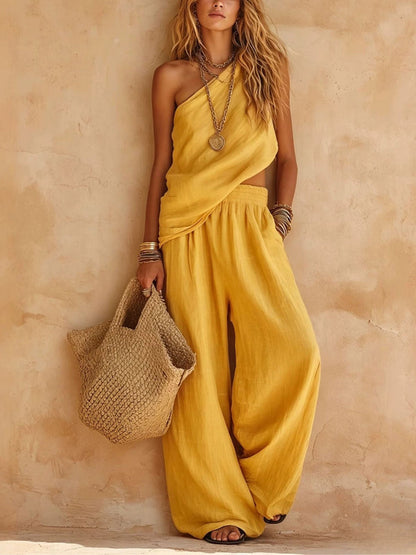 Effortless One Shoulder Jumpsuit for Women with Draped Wide Leg Flowing Style