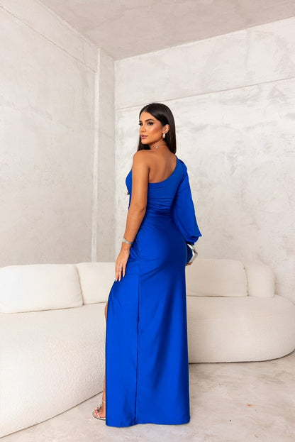 Elegant Satin Maxi Cocktail Dress for Women with One Shoulder Long Sleeve Draped High Slit Formal Style