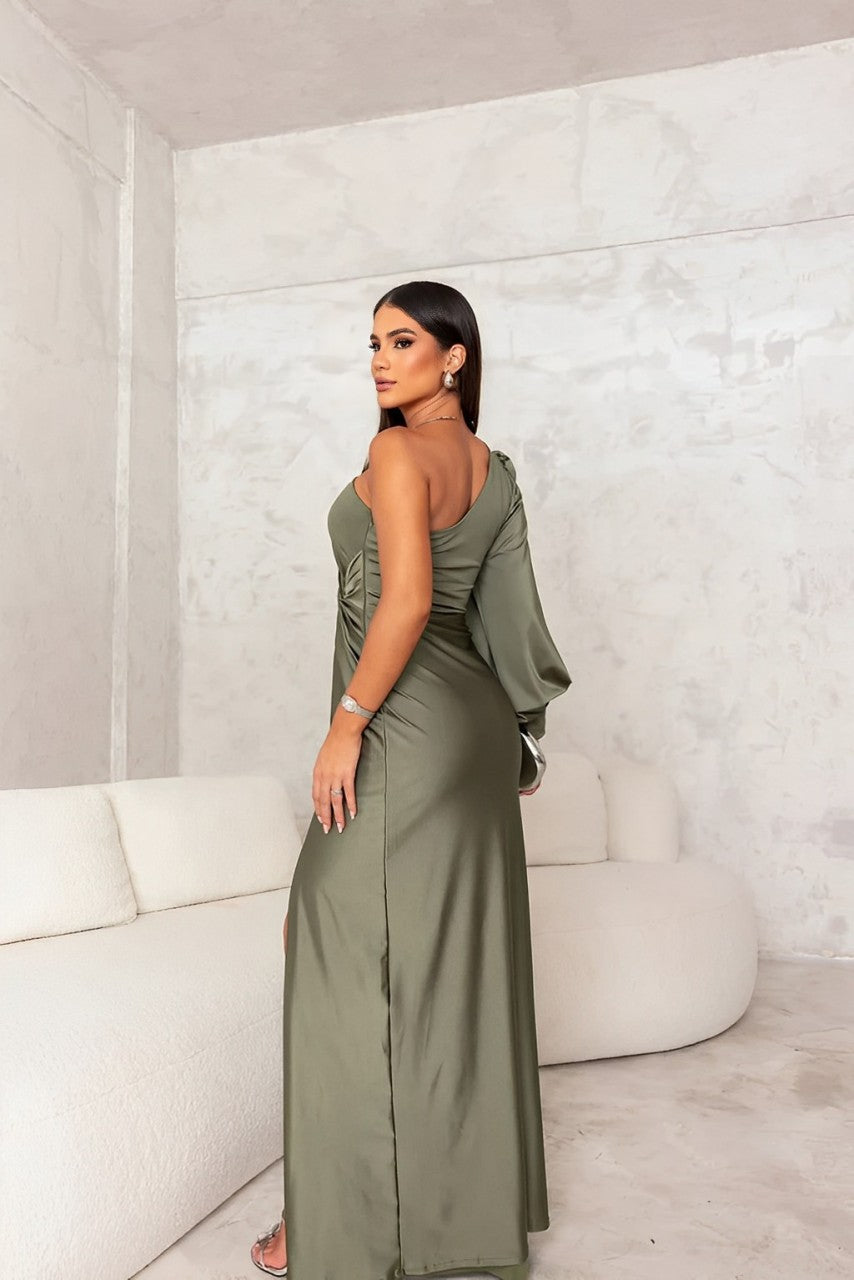 Elegant Satin Maxi Cocktail Dress for Women with One Shoulder Long Sleeve Draped High Slit Formal Style
