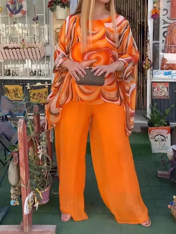 Effortless Printed Two Piece Set for Women with Batwing Sleeve Chiffon Top Wide Leg Pants Casual Style