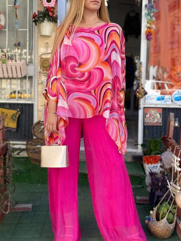 Effortless Printed Two Piece Set for Women with Batwing Sleeve Chiffon Top Wide Leg Pants Casual Style