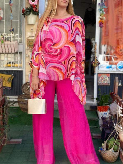 Effortless Printed Two Piece Set for Women with Batwing Sleeve Chiffon Top Wide Leg Pants Casual Style
