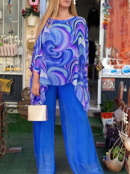 Effortless Printed Two Piece Set for Women with Batwing Sleeve Chiffon Top Wide Leg Pants Casual Style