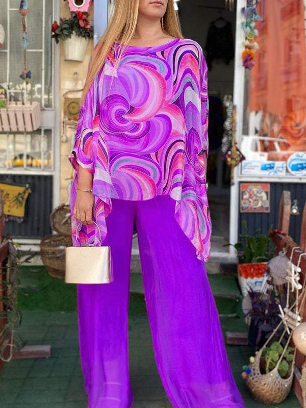 Effortless Printed Two Piece Set for Women with Batwing Sleeve Chiffon Top Wide Leg Pants Casual Style