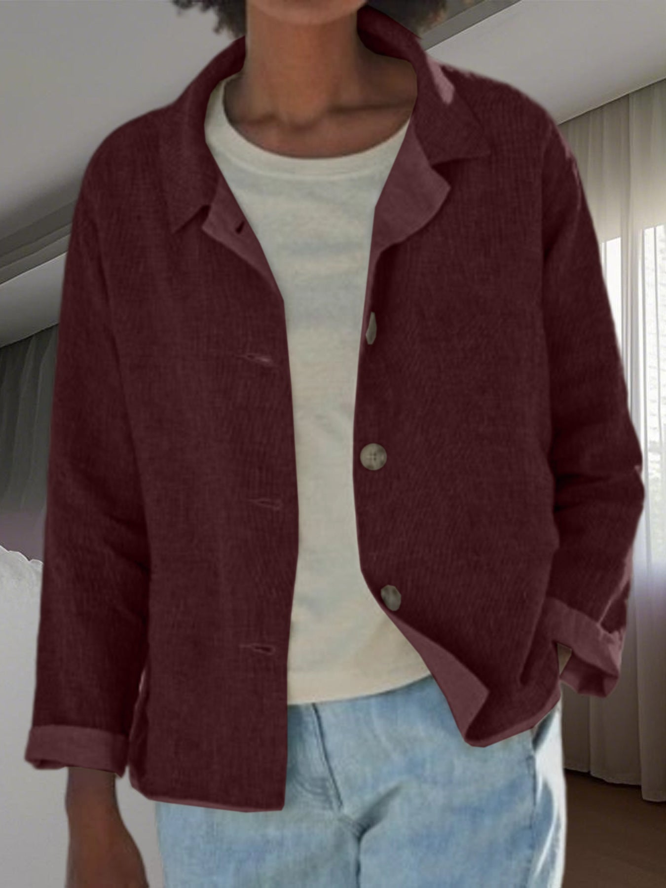 Effortless Linen Blouses for Women with Collar Button Front Long Sleeve Loose Fit Casual Jacket Style