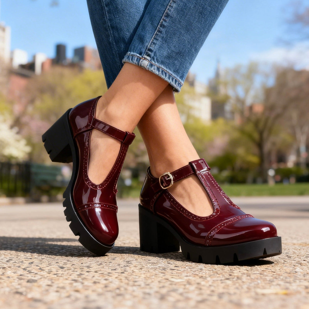 Chic Mary Jane Shoes for Women with Round Toe T Strap Block Heel Brogue Platform Style