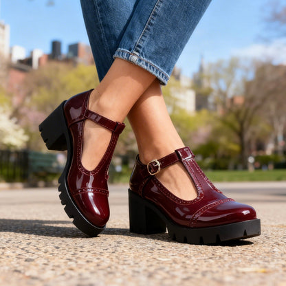 Chic Mary Jane Shoes for Women with Round Toe T Strap Block Heel Brogue Platform Style