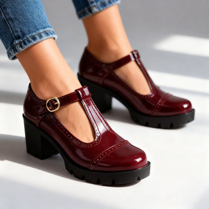 Chic Mary Jane Shoes for Women with Round Toe T Strap Block Heel Brogue Platform Style