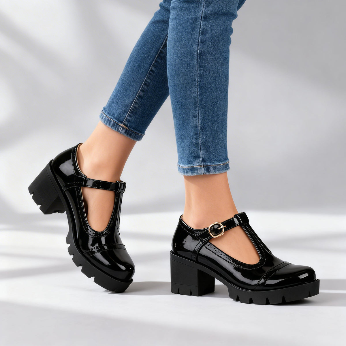 Chic Mary Jane Shoes for Women with Round Toe T Strap Block Heel Brogue Platform Style