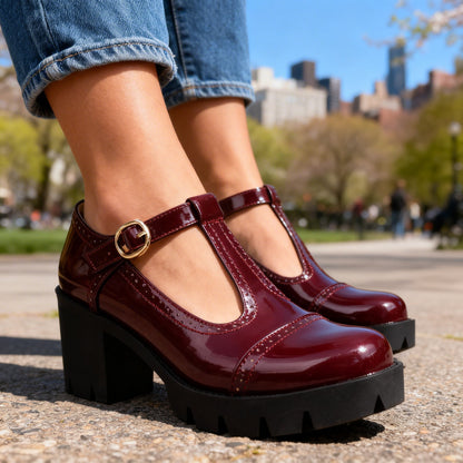 Chic Mary Jane Shoes for Women with Round Toe T Strap Block Heel Brogue Platform Style