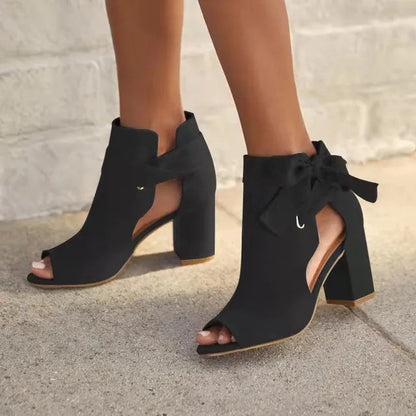 Chic Suede Ankle Boots for Women with Peep Toe Tie Up Chunky Block Heel Style