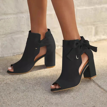 Chic Suede Ankle Boots for Women with Peep Toe Tie Up Chunky Block Heel Style