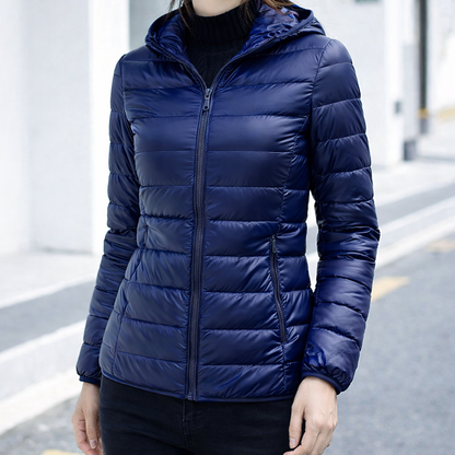 Sleek Hooded Puffer Jacket for Women with Zip Front Lightweight Quilted Insulated Packable Winter Style