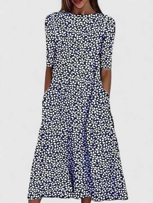 Comfortable Floral Midi Dress for Women with Round Neck Short Sleeve A Line Swing Pocket Style