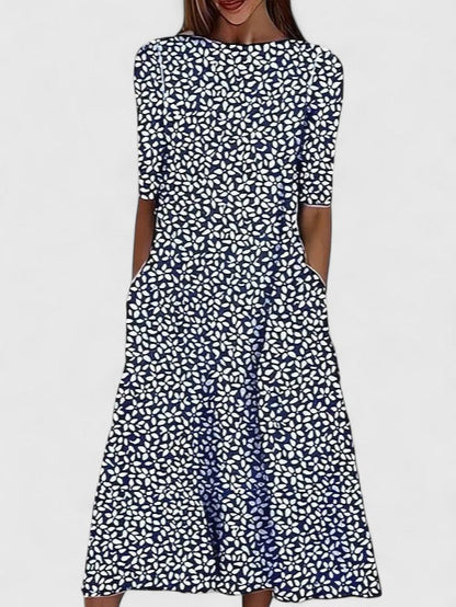 Comfortable Floral Midi Dress for Women with Round Neck Short Sleeve A Line Swing Pocket Style